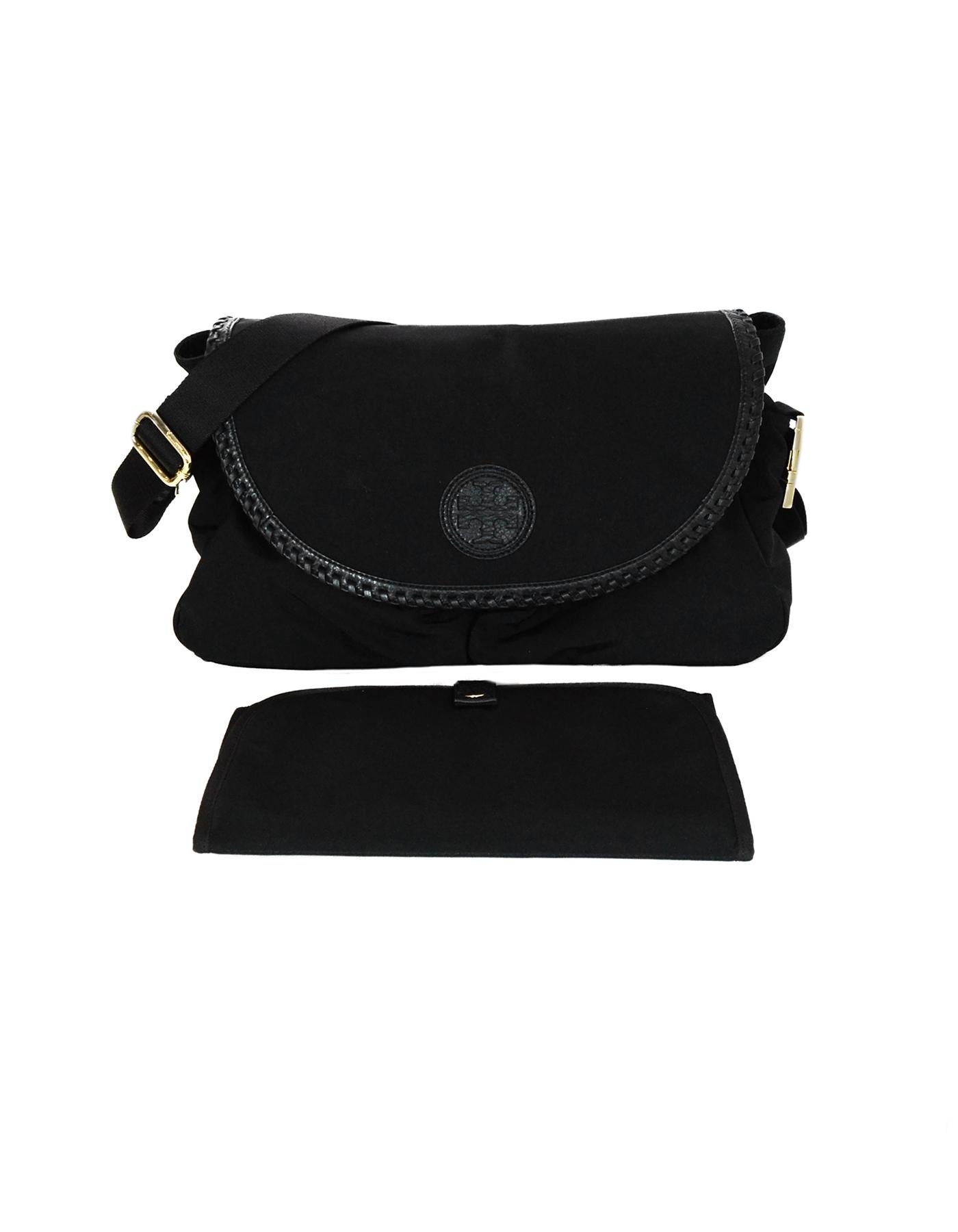 Women's Tory Burch Black Nylon/Leather Whipstitch Trim Marion Diaper Bag W/ Changing Pad