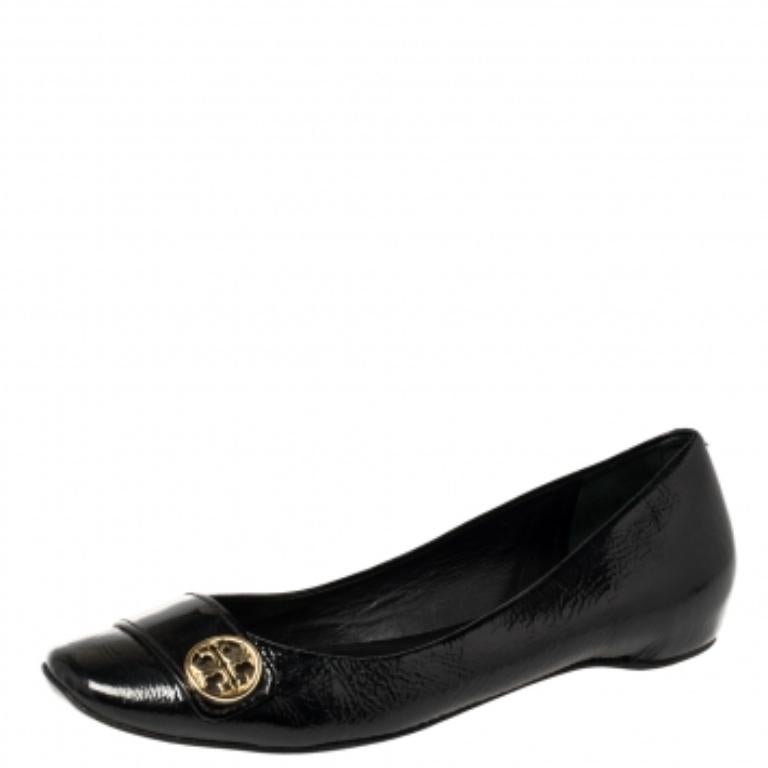 Tory Burch Black Patent Leather Andi Ballet Flats Size 39 For Sale 2