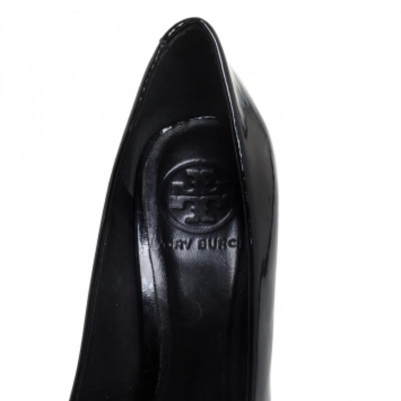 Tory Burch Black Patent Leather Embellished Heel Round Toe Pumps Size 36 For Sale 3