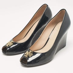 Tory Burch Black Patent Leather Jade Wedge Pumps Size 36.5
