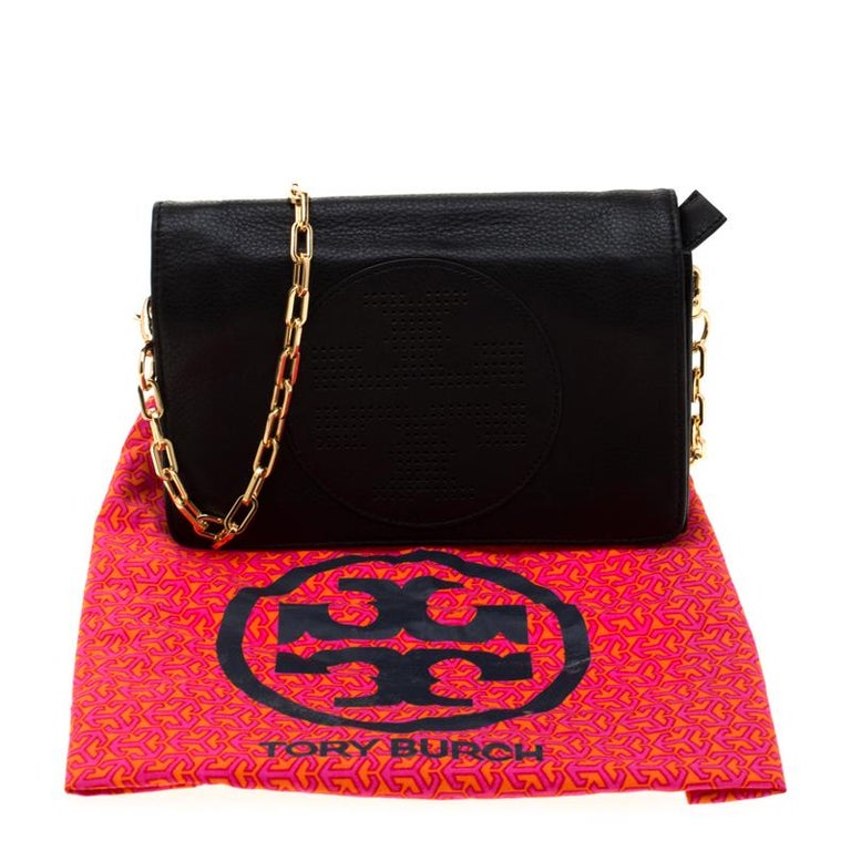Tory Burch Black Perforated Logo Leather Fold Over Crossbody Bag For Sale at 1stDibs tory