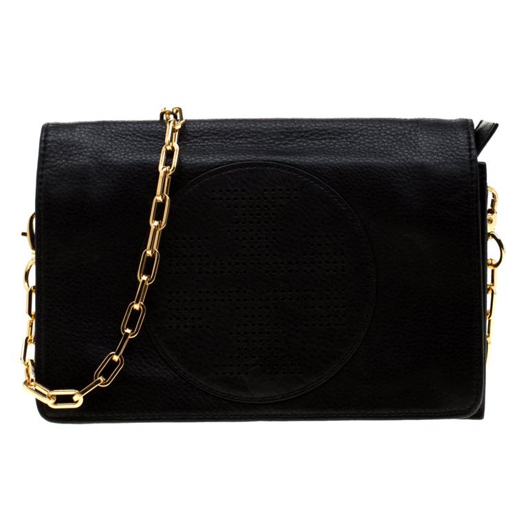Tory Burch Perforated Logo Tote in Black