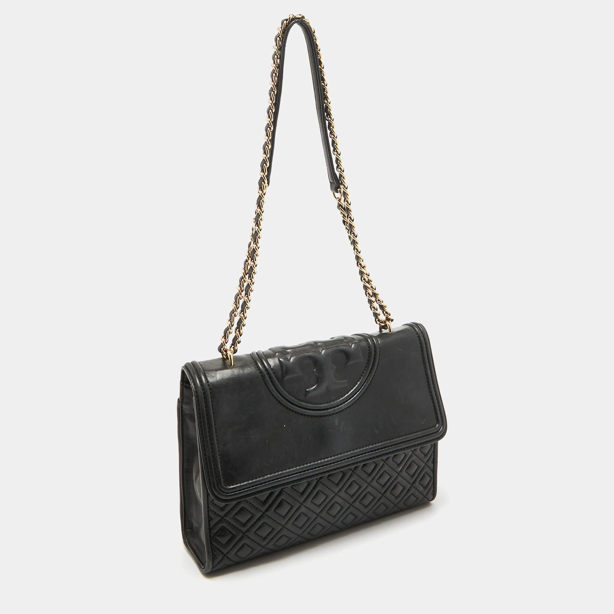 Tory Burch Black Quilted Leather Fleming Shoulder Bag In Fair Condition In Dubai, Al Qouz 2