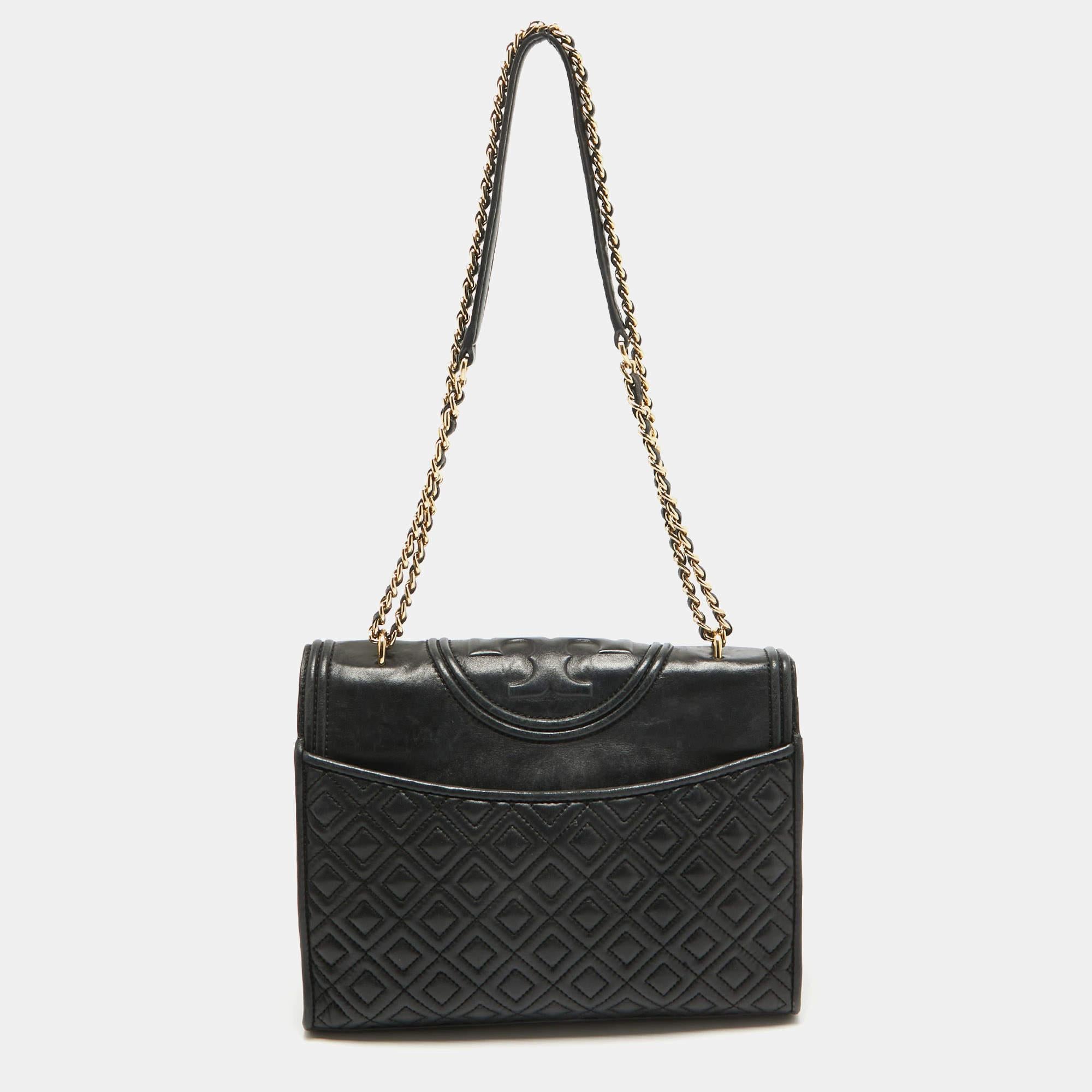 Women's Tory Burch Black Quilted Leather Fleming Shoulder Bag