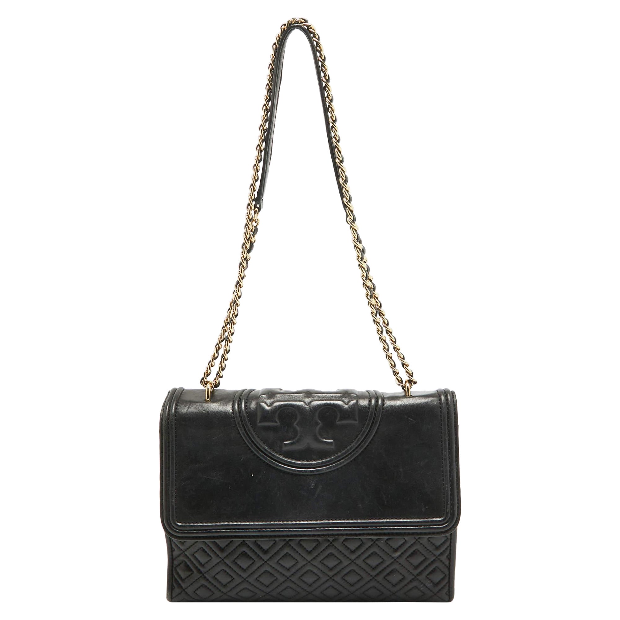 Tory Burch Black Quilted Leather Fleming Shoulder Bag