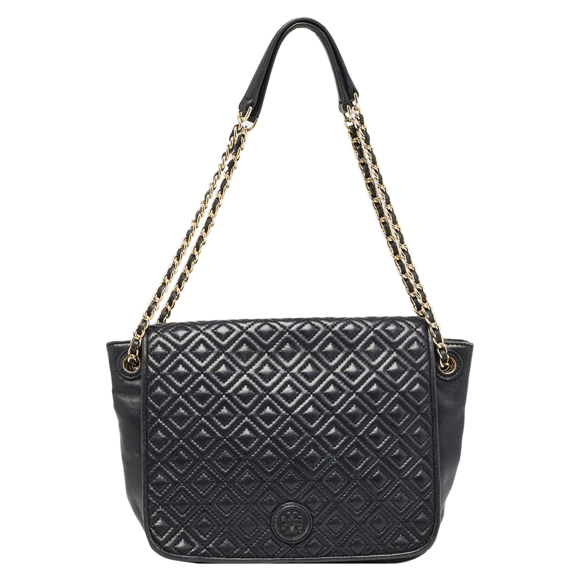 Tory Burch Black Quilted Leather Marion Flap Chain Shoulder Bag