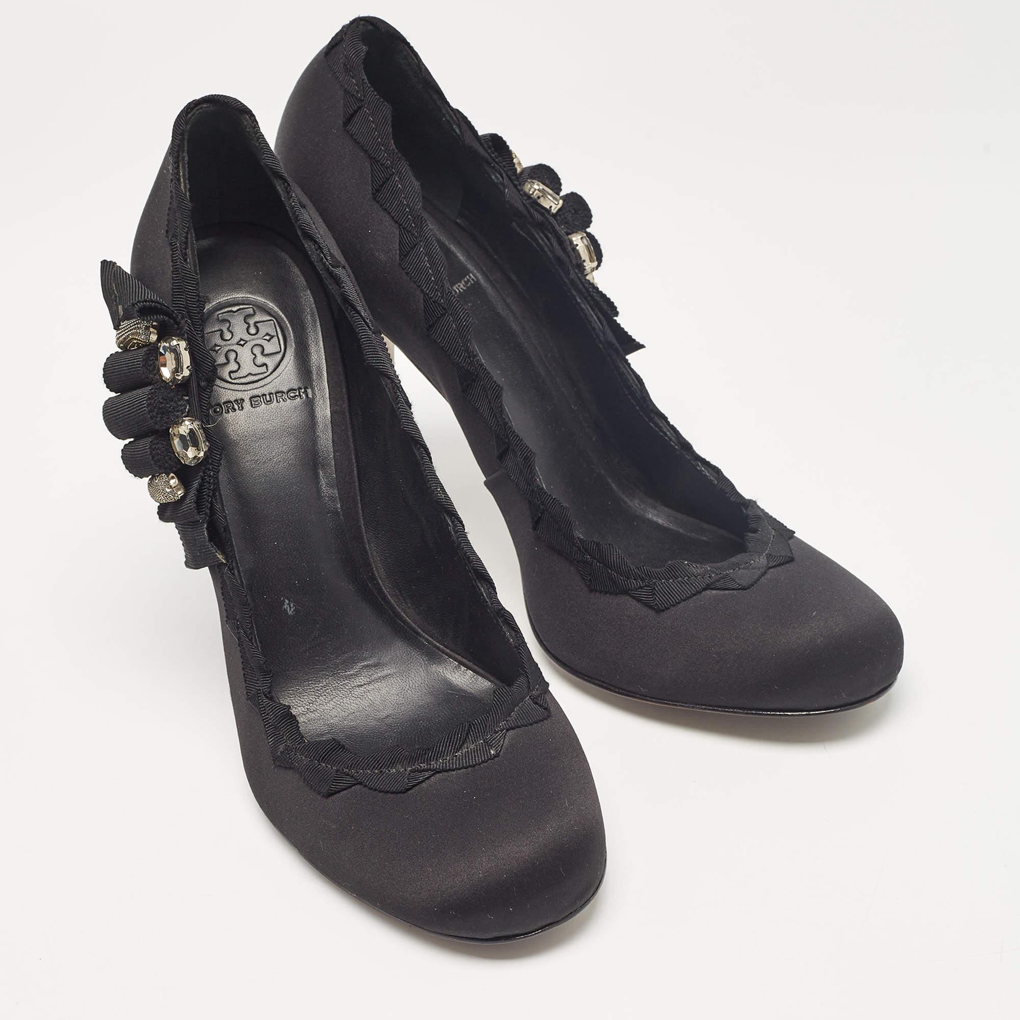 Women's Tory Burch Black Satin Embellished Bow Pumps Size 41 For Sale