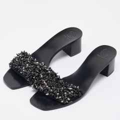 Tory Burch Black Satin Logan Embellished Slide Sandals Size 40.5