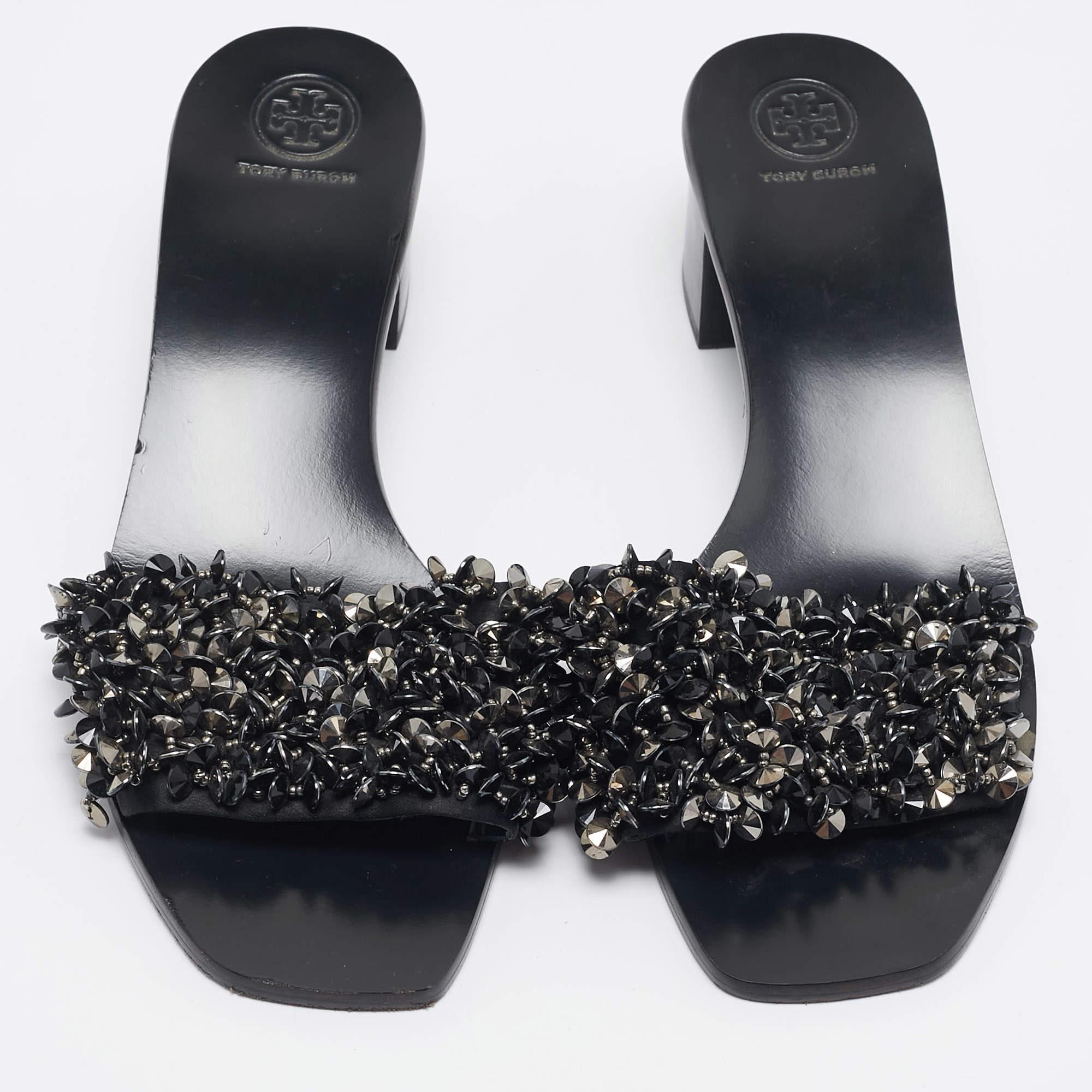 Noir Tory Burch Satin noir Logan Embellished Slide Sandals Size 40.5 en vente