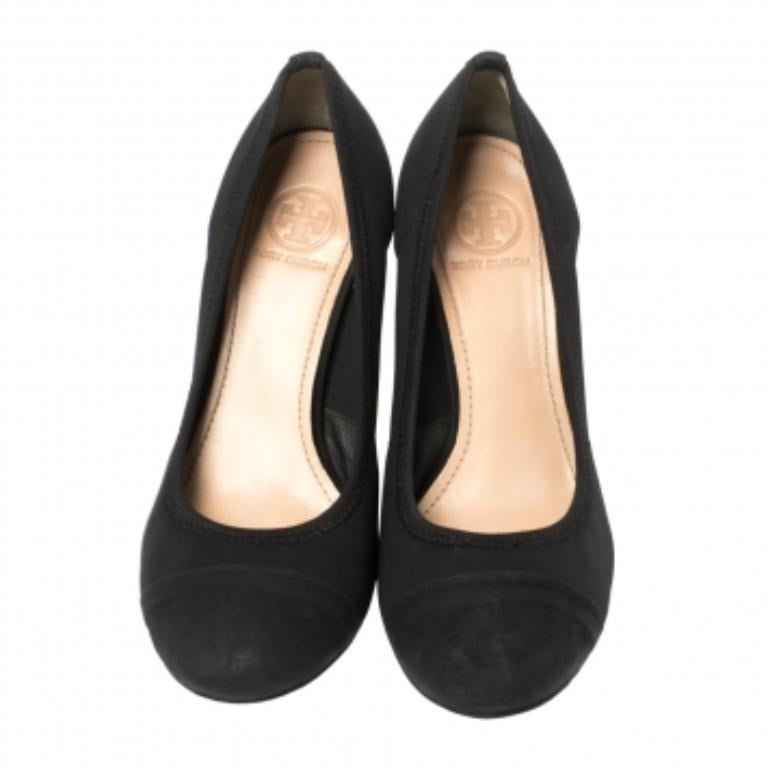 Women's Tory Burch Black Suede Leather Cap Toe Wedge Heel Pumps Size 36.5 For Sale