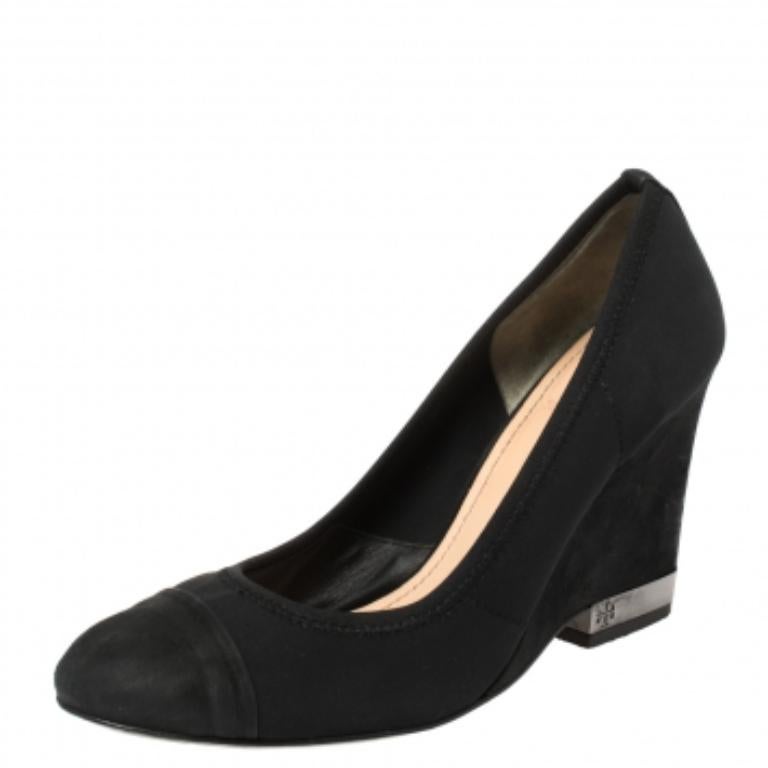 Tory Burch Black Suede Leather Cap Toe Wedge Heel Pumps Size 36.5 For Sale 2