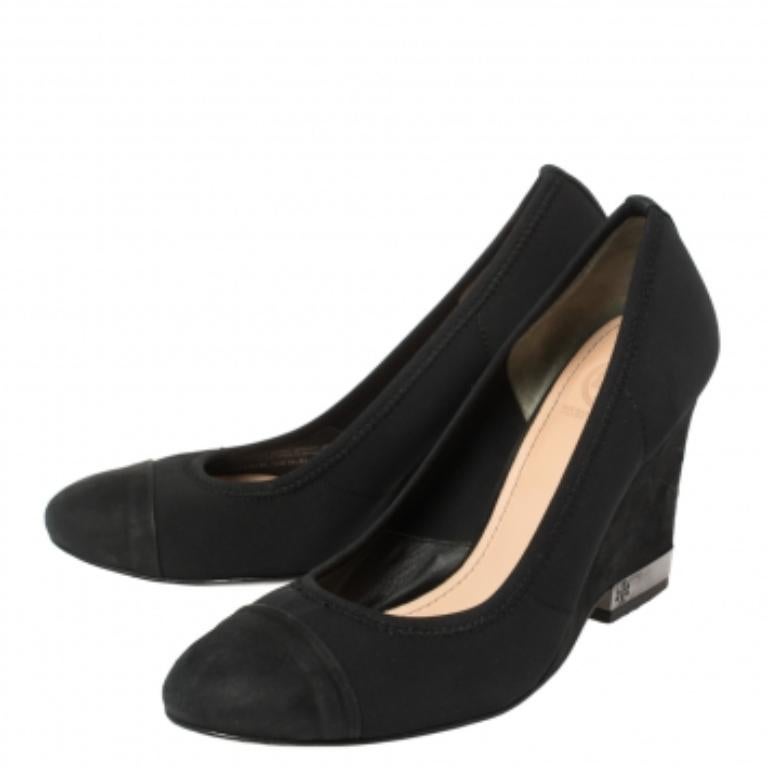 Tory Burch Black Suede Leather Cap Toe Wedge Heel Pumps Size 36.5 For Sale 3