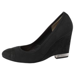 Tory Burch Black Suede Leather Cap Toe Wedge Heel Pumps Size 36.5 Tory Burch Black Suede Leather Cap Toe Wedge Heel Pumps Size 36.5