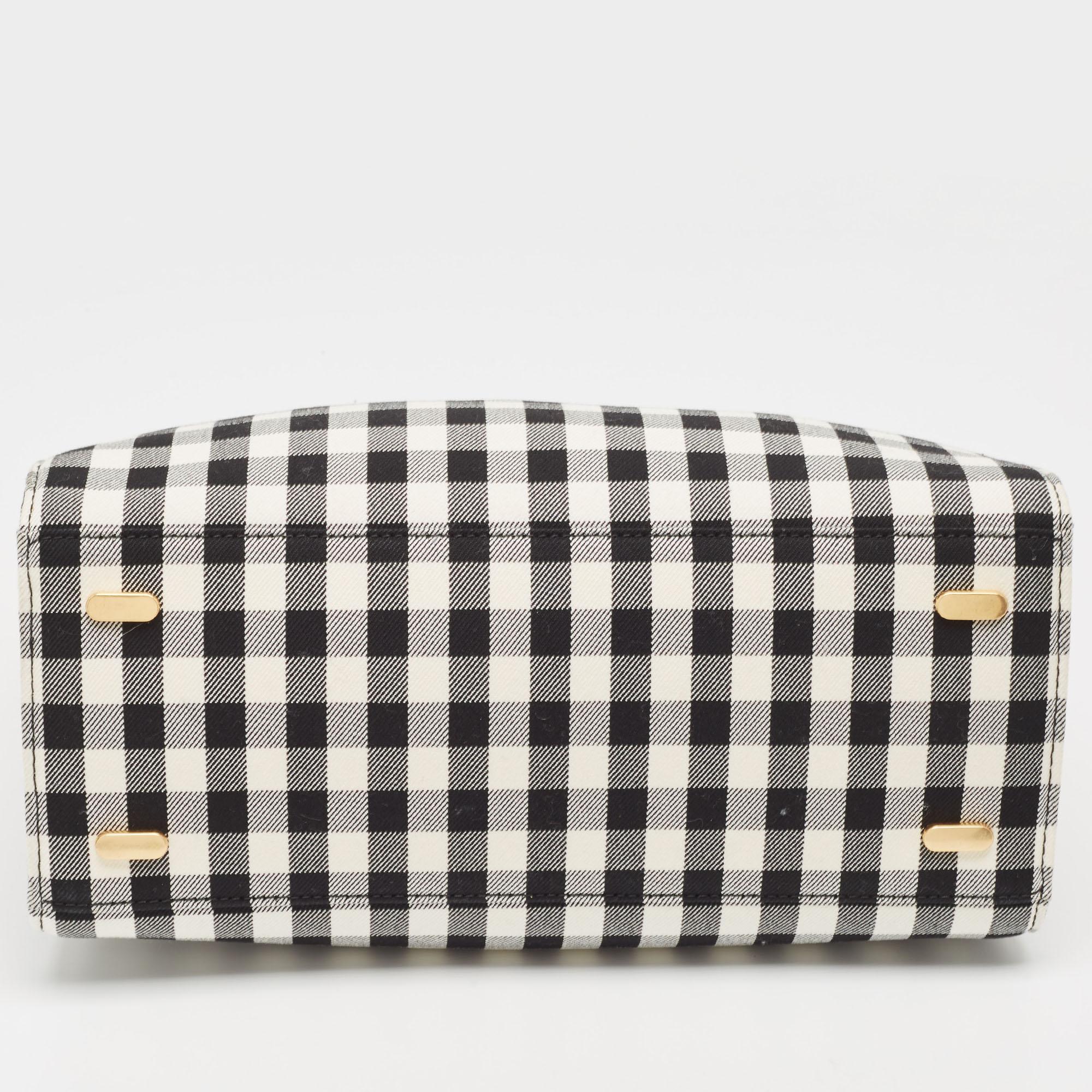 Tory Burch Black/White Checkered Canvas Lee Radziwill Top Handle Bag For Sale 6