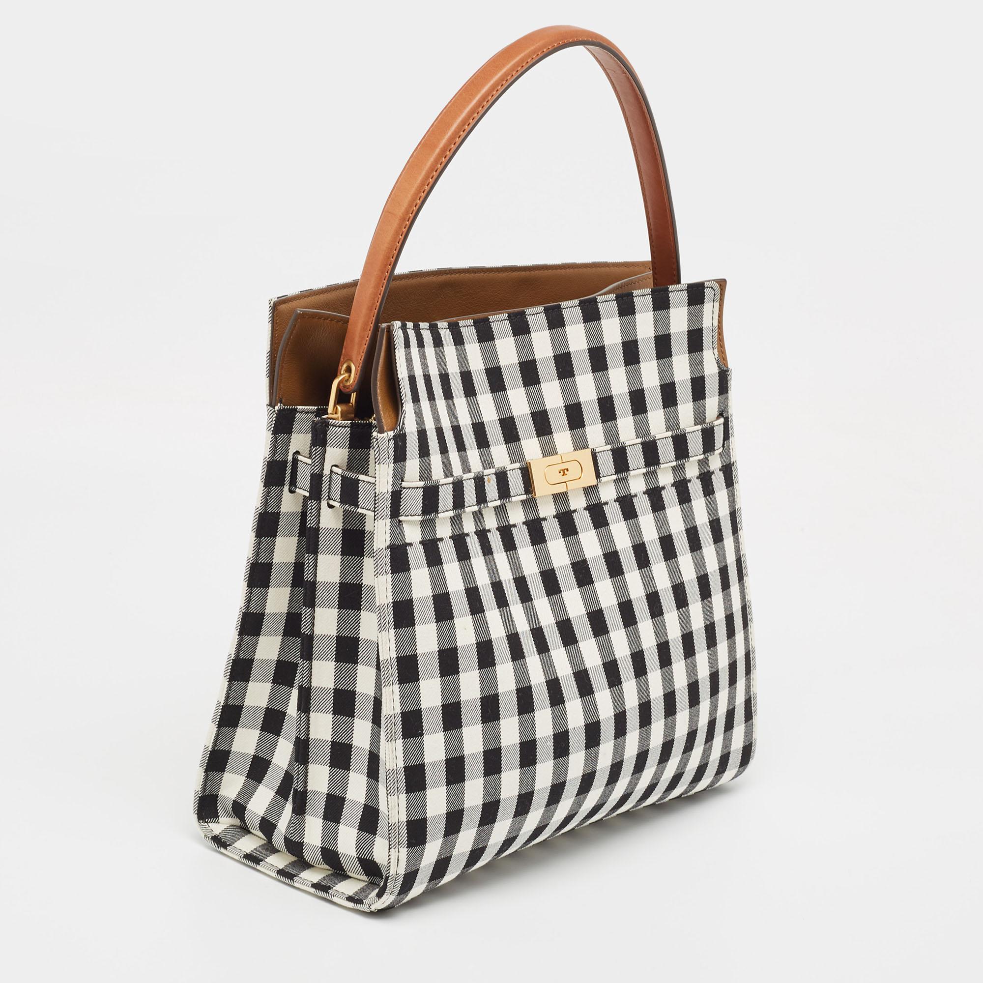 Tory Burch Black/White Checkered Canvas Lee Radziwill Top Handle Bag For Sale 7
