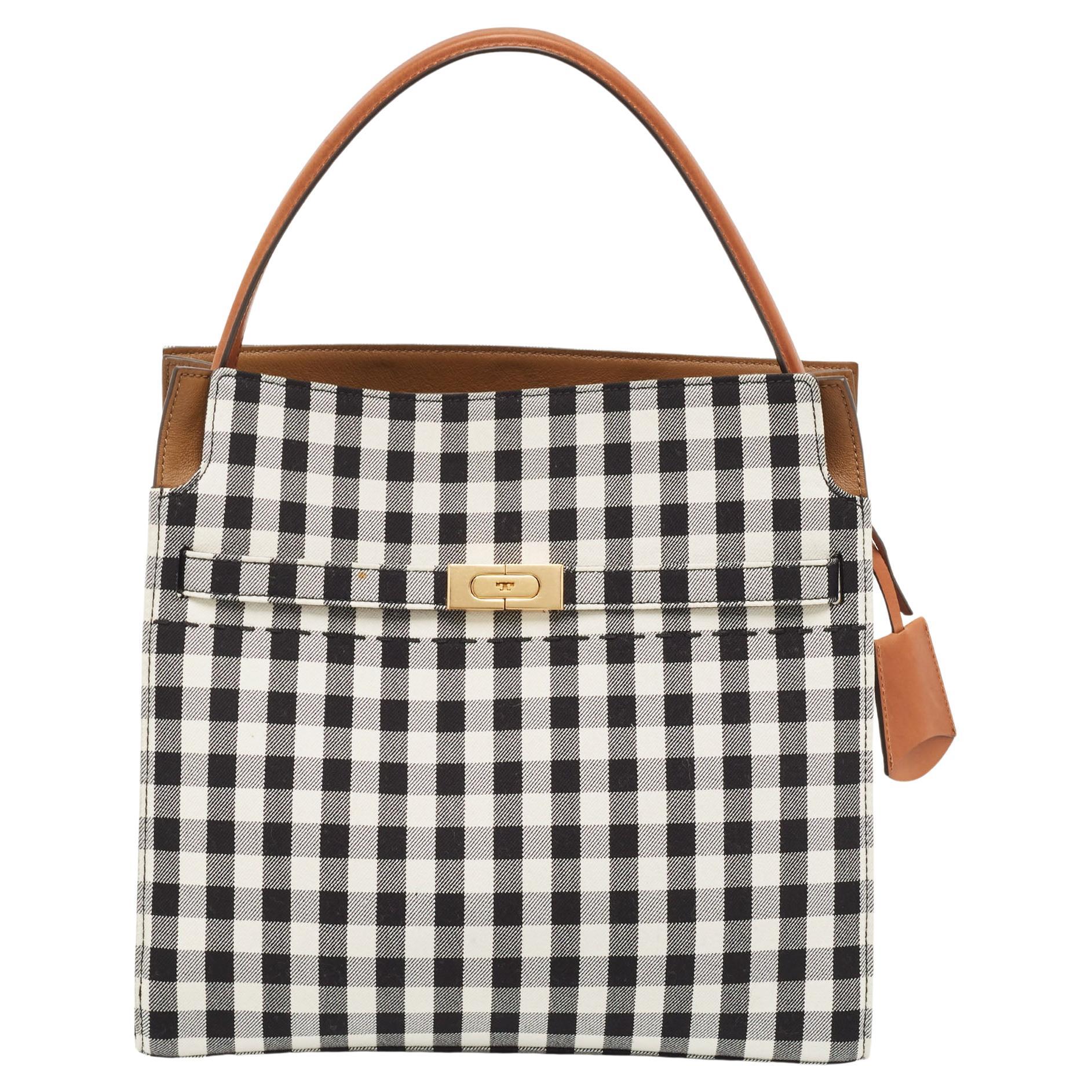 Tory Burch Black/White Checkered Canvas Lee Radziwill Top Handle Bag For Sale