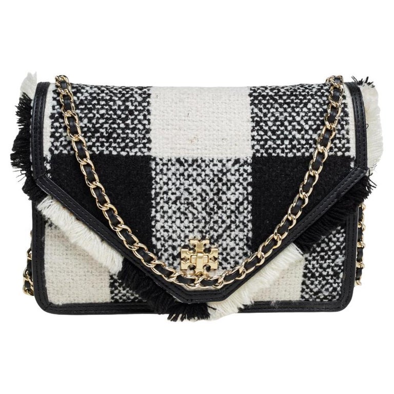 Tory Burch Black/White Chequered Tweed and Leather Kira Envelope Handbag  For Sale at 1stDibs