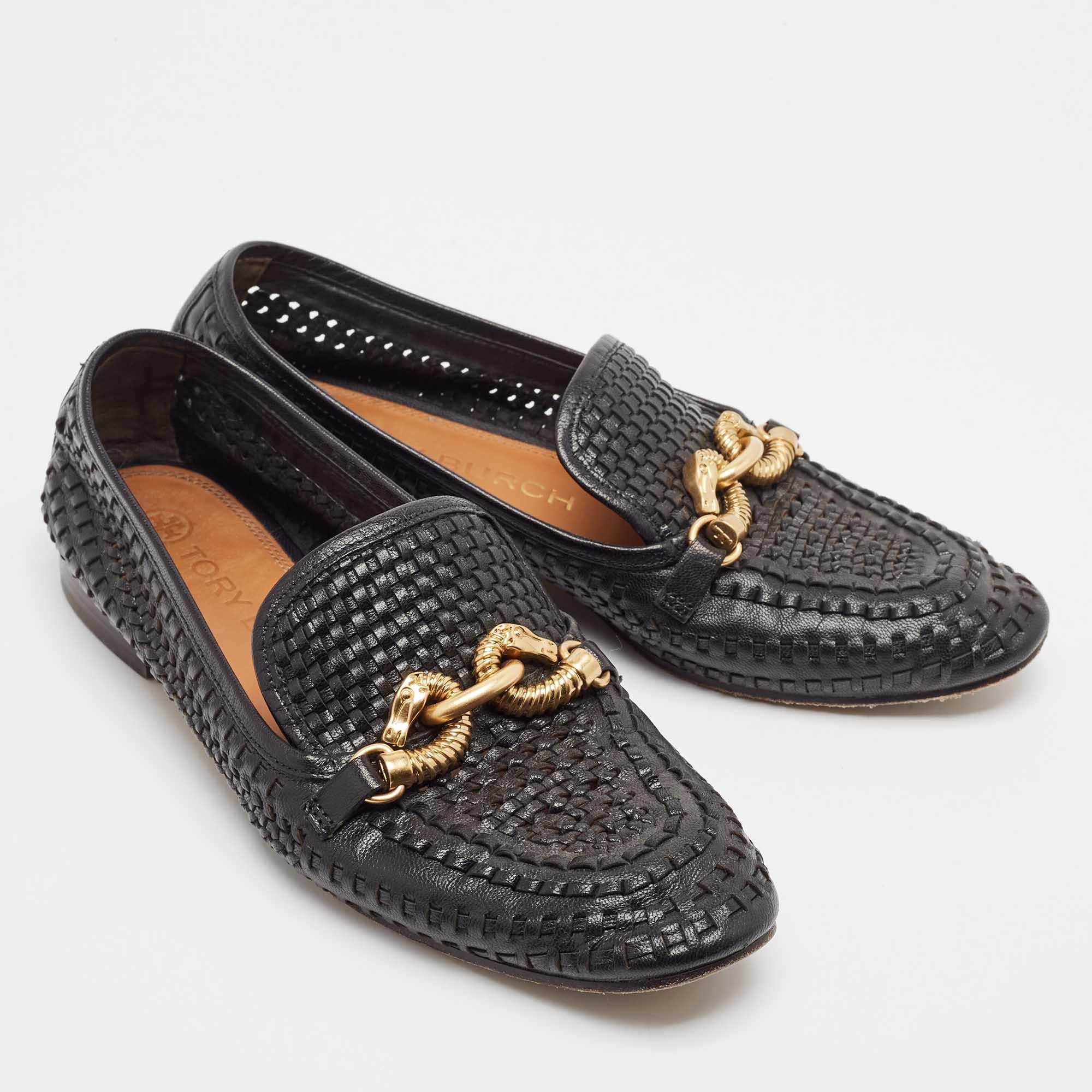 Women's Tory Burch Black Woven Leather Jessa Loafers Size 38.5