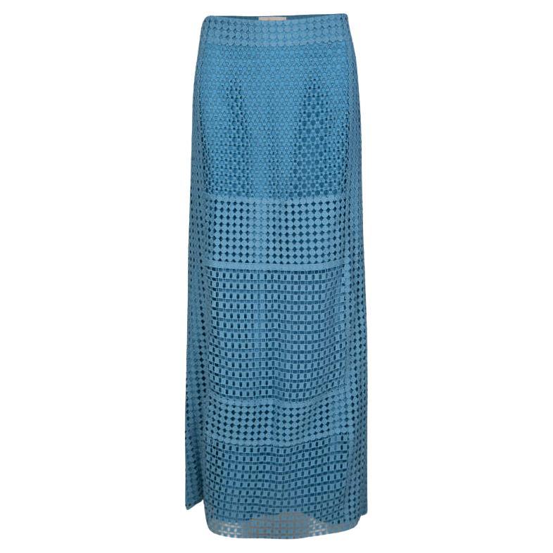 Tory Burch Blue Crescent Guipure Lace Slit Detail Maxi Skirt S