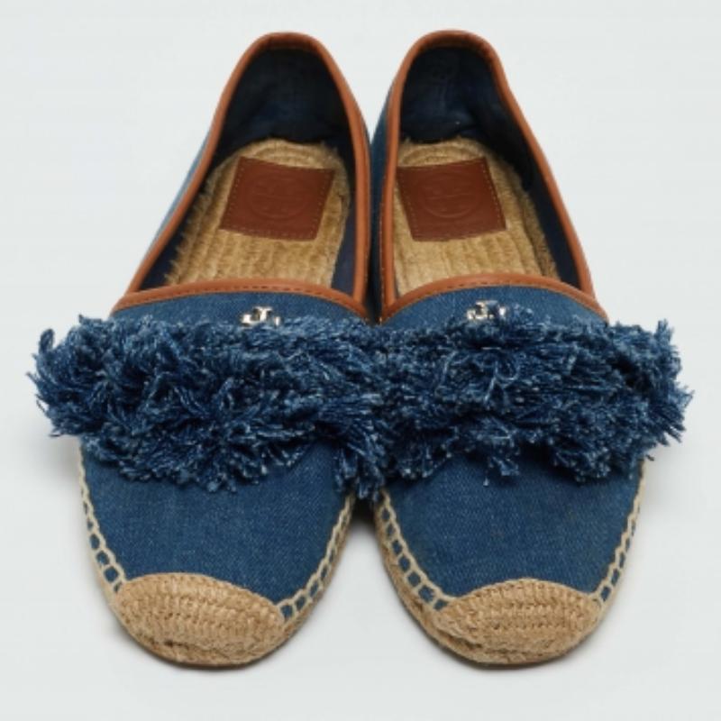 Noir Tory Burch Espadrille plates en denim bleu taille 38 en vente