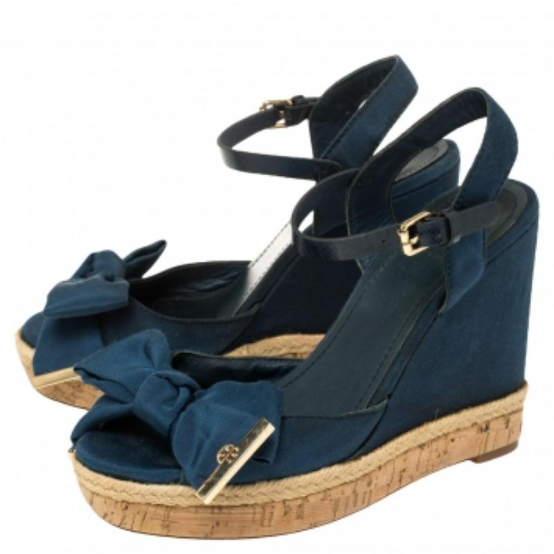 Black Tory Burch Blue Fabric And Leather Espadrille Wedge Ankle Strap Sandals Size 37 For Sale