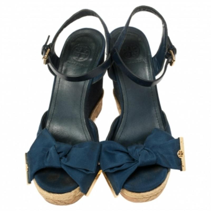 Tory Burch Blue Fabric And Leather Espadrille Wedge Ankle Strap Sandals Size 37 For Sale 1