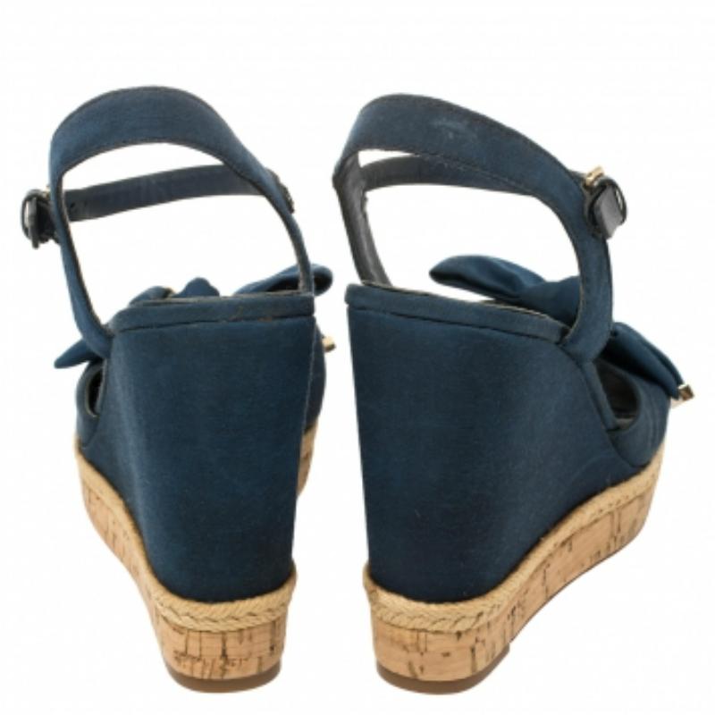 Tory Burch Blue Fabric And Leather Espadrille Wedge Ankle Strap Sandals Size 37 For Sale 2