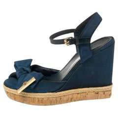 Tory Burch Blue Fabric And Leather Espadrille Wedge Ankle Strap Sandals Size 37