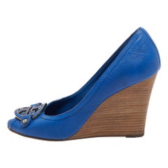 Tory Burch Blue Leather Amanda Wedge Pumps Size 41.5
