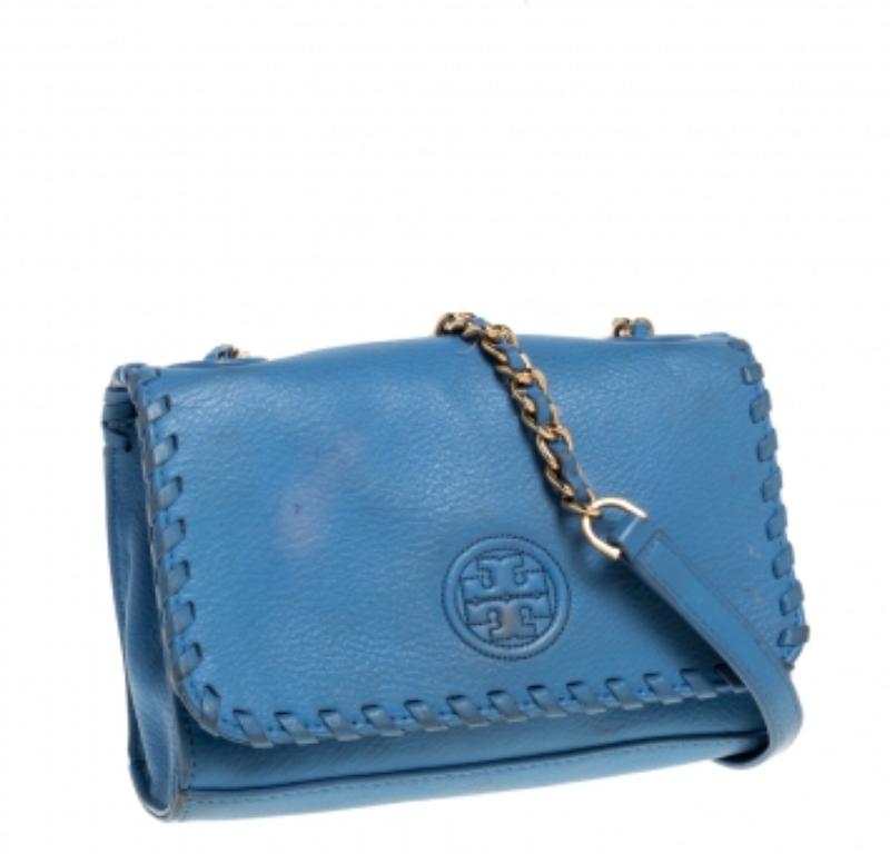 Tory Burch Blue Leather Mini Marion Shrunken Shoulder Bag For Sale 1