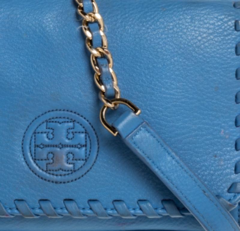 Tory Burch Blue Leather Mini Marion Shrunken Shoulder Bag For Sale 3