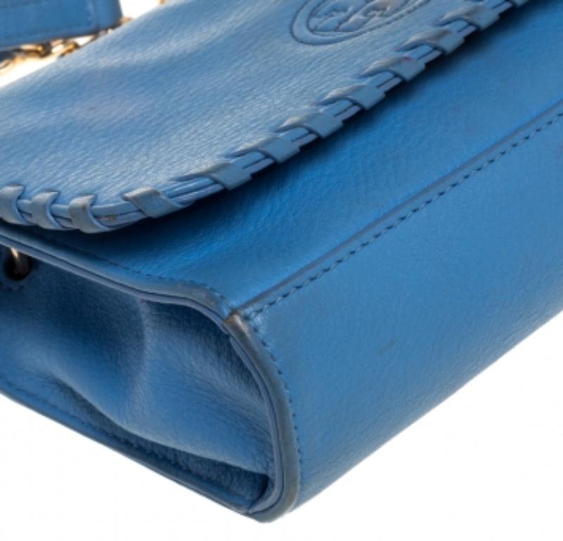 Tory Burch Blue Leather Mini Marion Shrunken Shoulder Bag For Sale 4