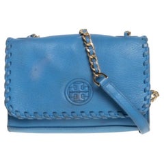 Tory Burch Blue Leather Mini Marion Shrunken Shoulder Bag