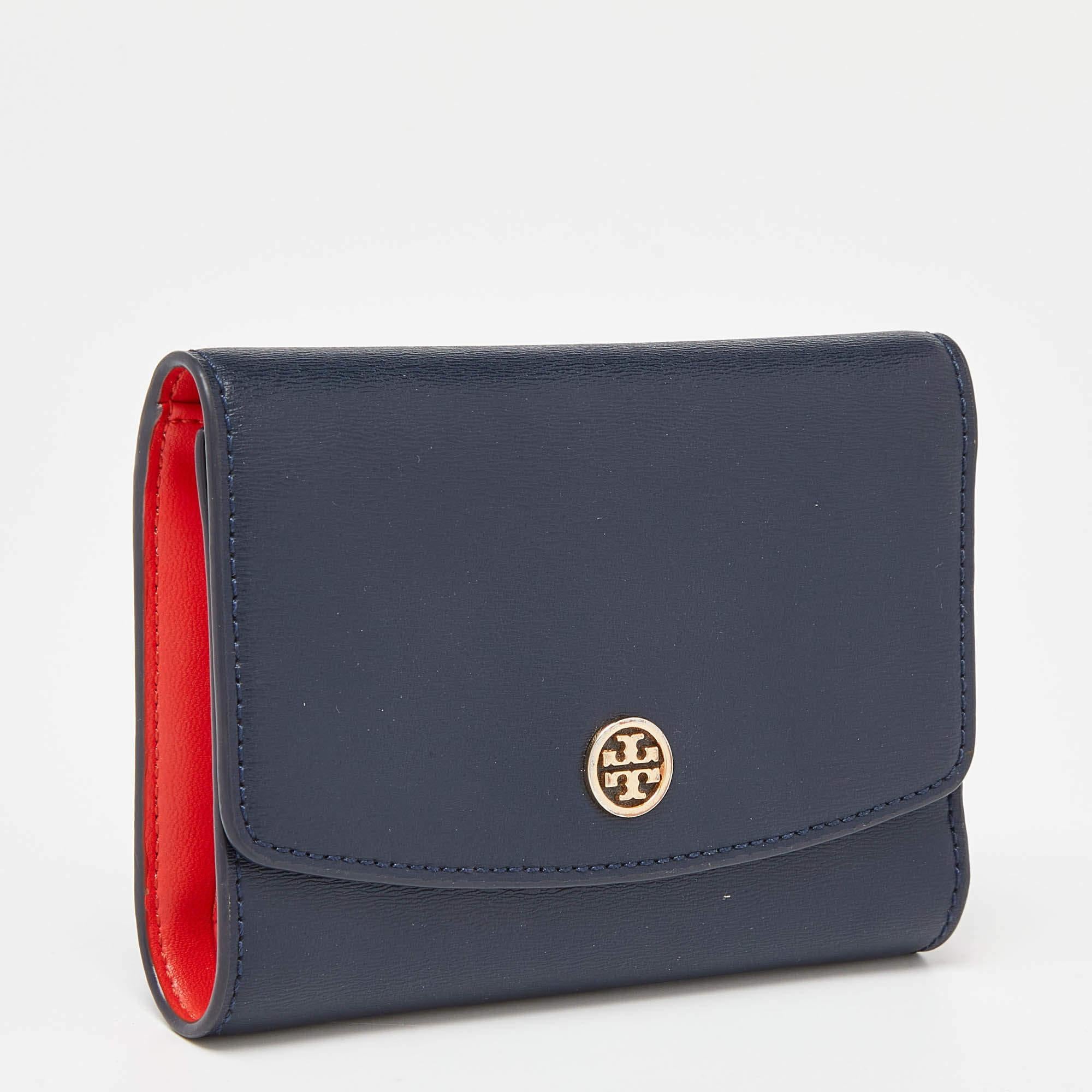 Black Tory Burch Blue Leather Robinson Flap Trifold Wallet