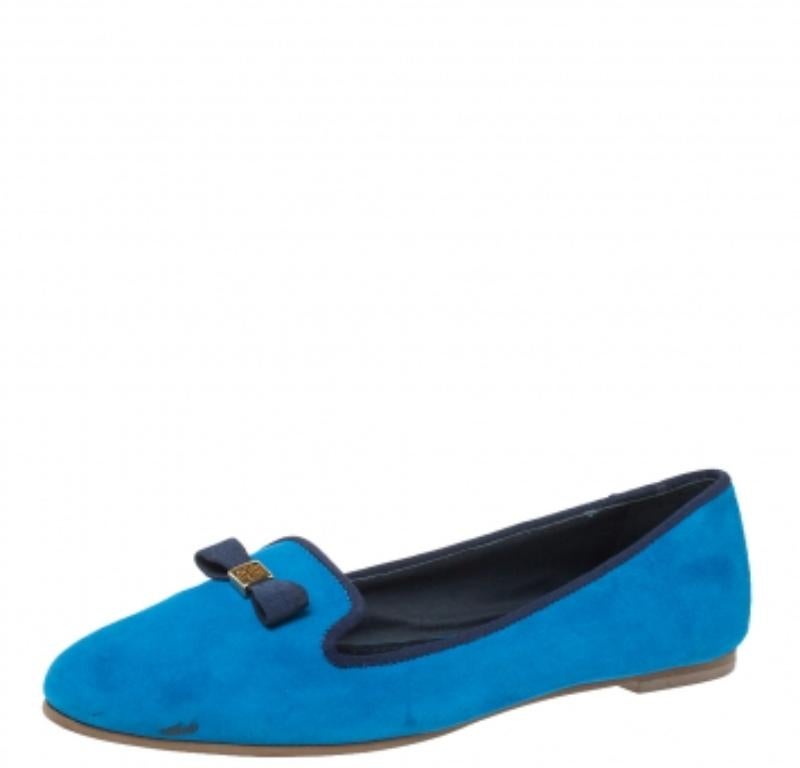 Tory Burch Blue Suede Leather Bow Slip On Loafers Size 38 For Sale 1