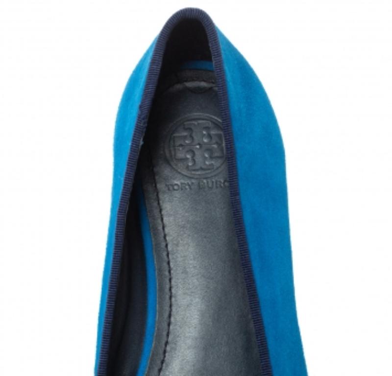 Tory Burch Blue Suede Leather Bow Slip On Loafers Size 38 For Sale 3
