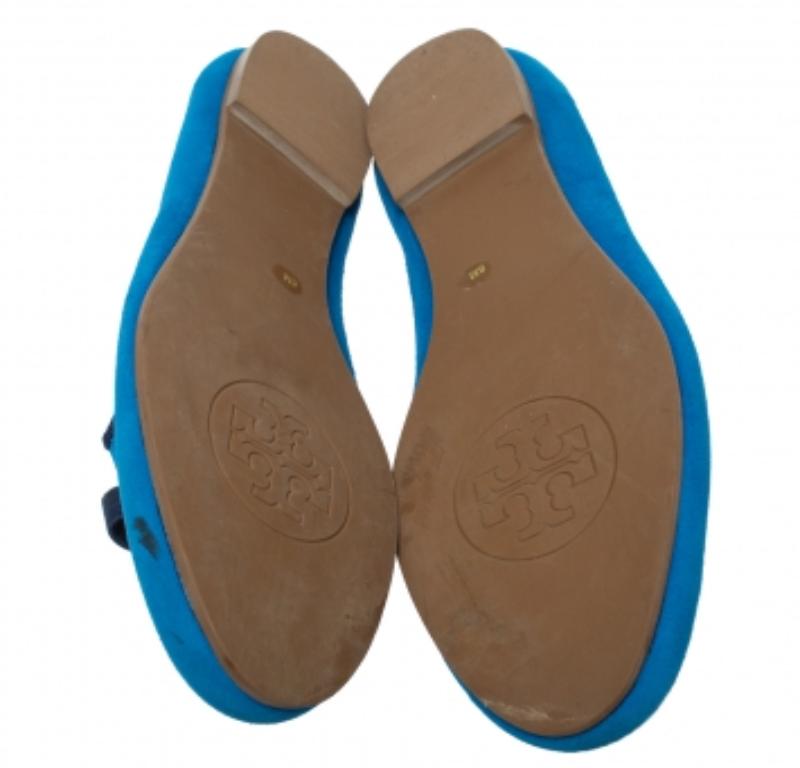 Tory Burch Blue Suede Leather Bow Slip On Loafers Size 38 For Sale 4