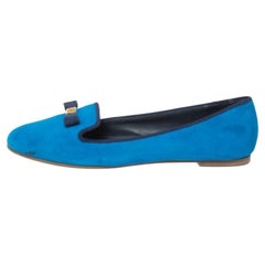 Tory Burch Blue Suede Leather Bow Slip On Loafers Size 38