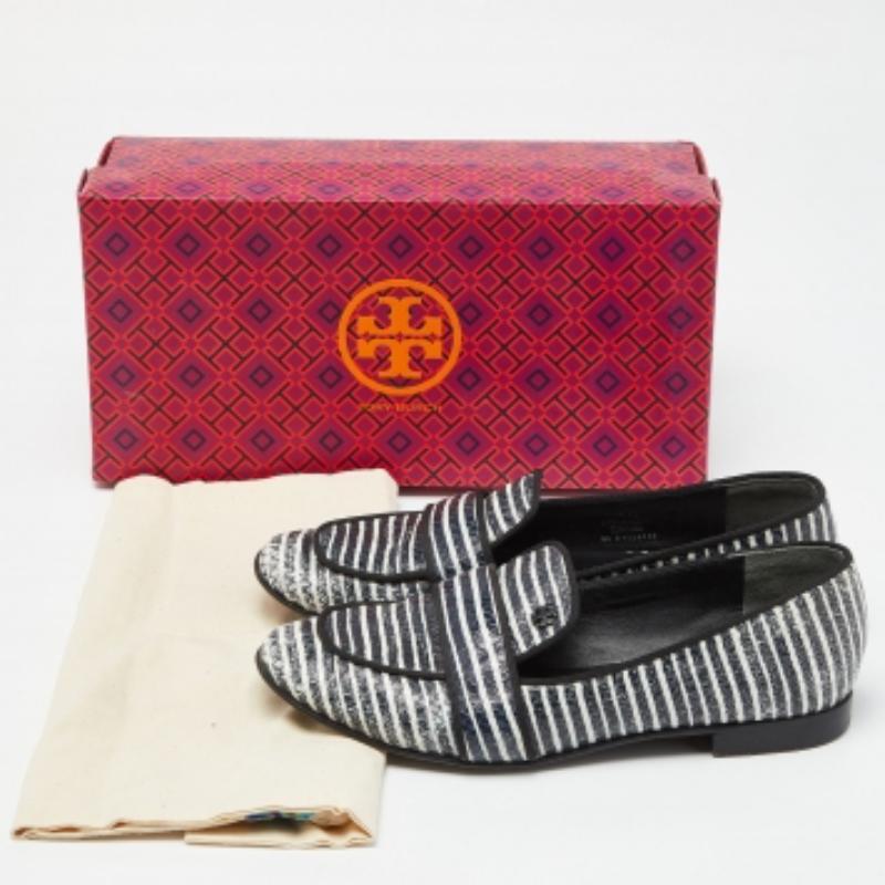 Tory Burch Blue/White Stripe Snakeskin Embossed Leather Slippers Taglia 38 in vendita 5