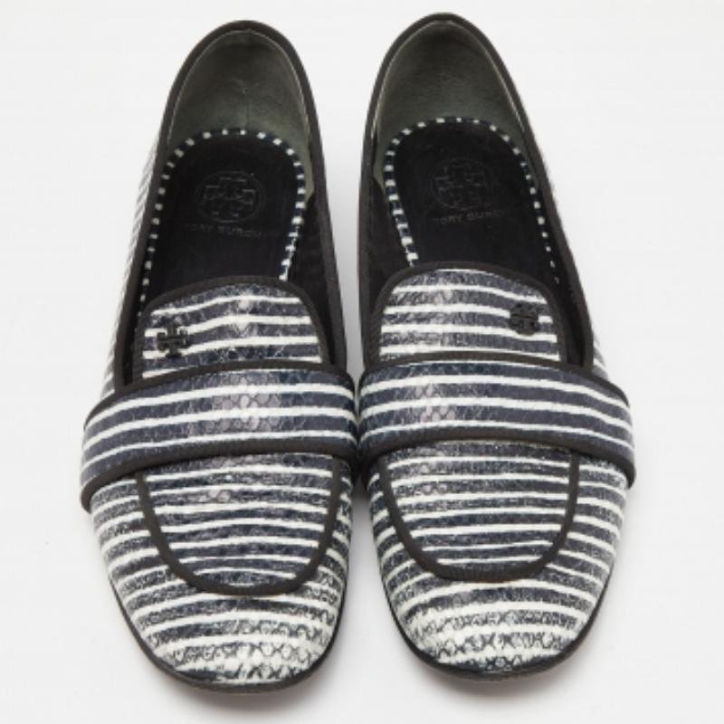 Nero Tory Burch Blue/White Stripe Snakeskin Embossed Leather Slippers Taglia 38 in vendita