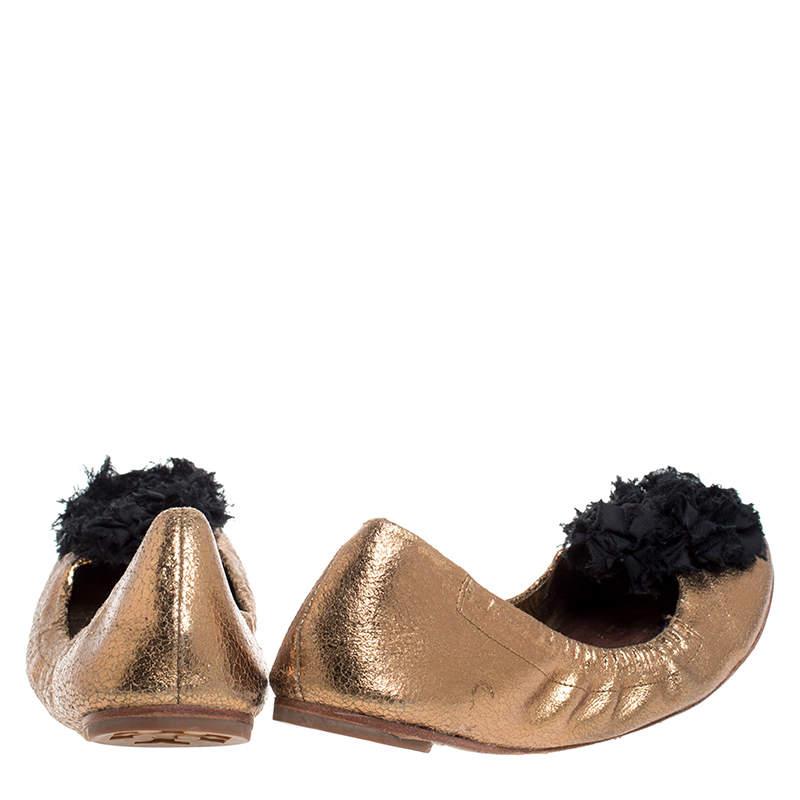 Women's Tory Burch Bronze Crackled Leather & Fabric Flower Scrunch Ballet Flats Size 40