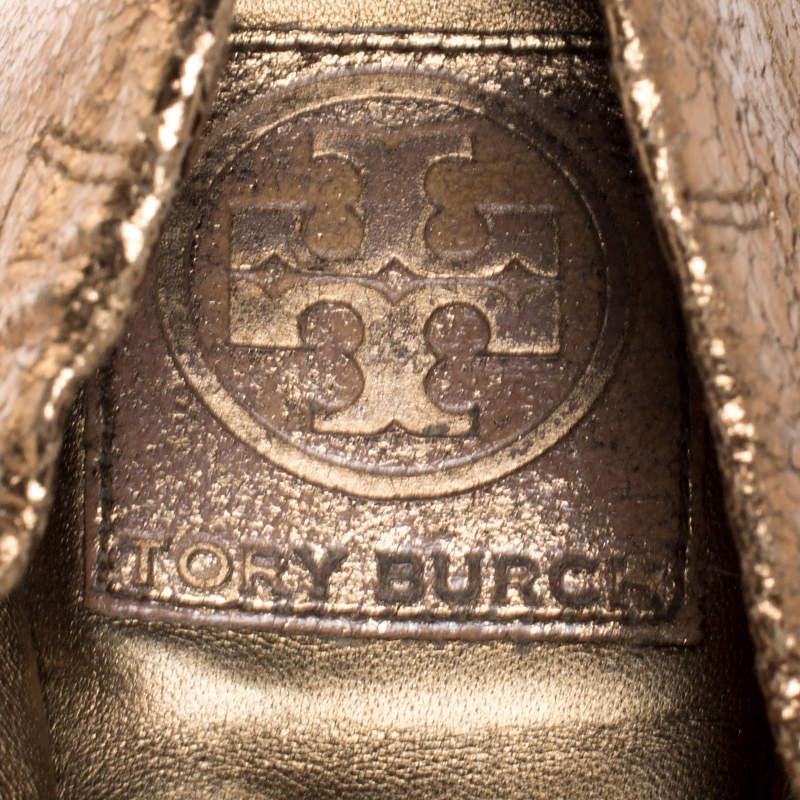 Tory Burch Bronze Crackled Leather & Fabric Flower Scrunch Ballet Flats Size 40 2