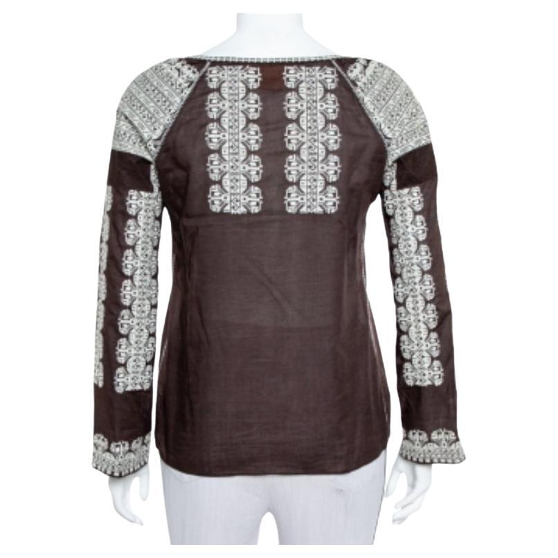 Black Tory Burch Brown Cotton Embroidered Neck Tie Detail Top S For Sale
