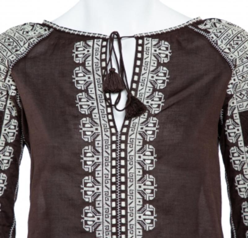 Tory Burch Brown Cotton Embroidered Neck Tie Detail Top S In Good Condition For Sale In Dubai, Al Qouz 2