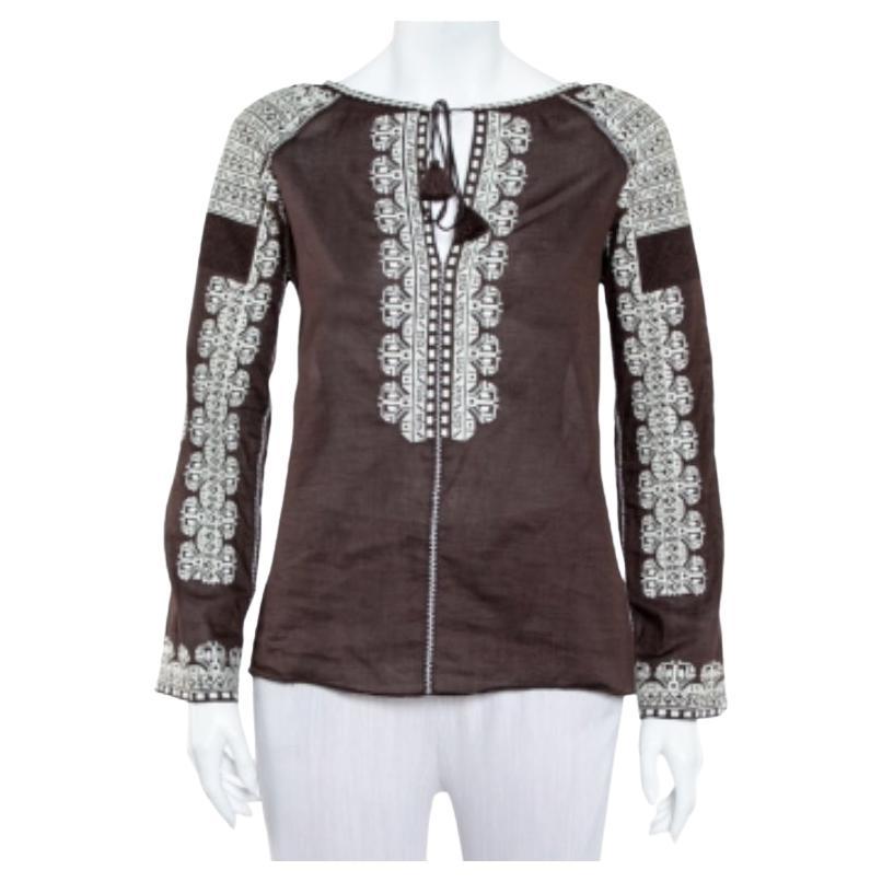 Tory Burch Brown Cotton Embroidered Neck Tie Detail Top S For Sale