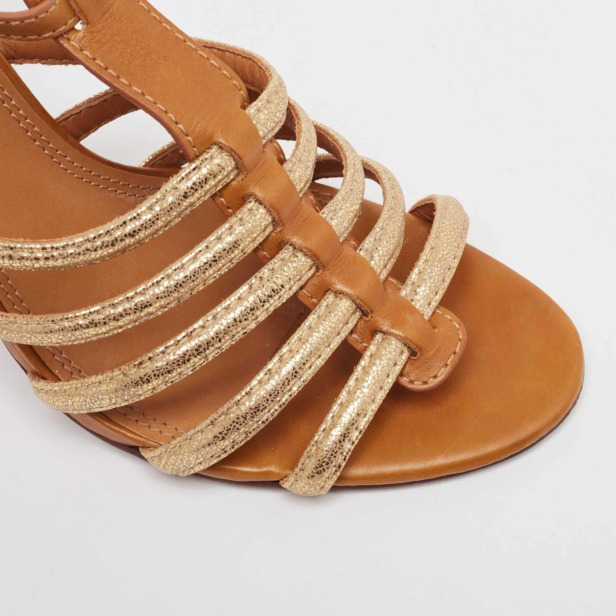Tory Burch Brown/Gold Leather and Glitter Suede Charlene Sandals Size 41 For Sale 3