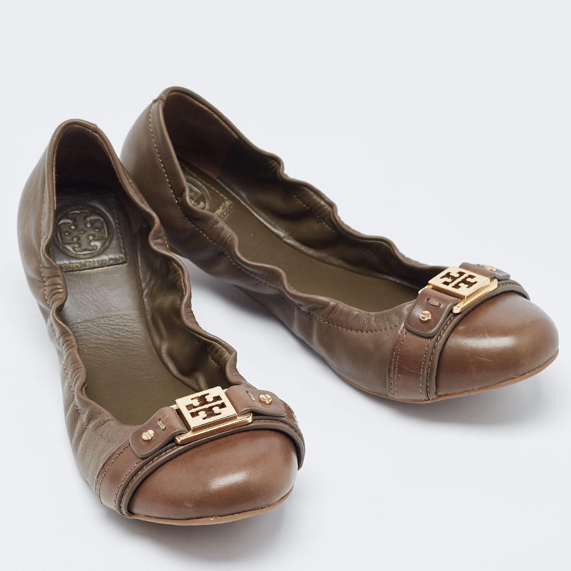 Women's Tory Burch Brown Leather Ambrose Scrunch Ballet Flats Size 40