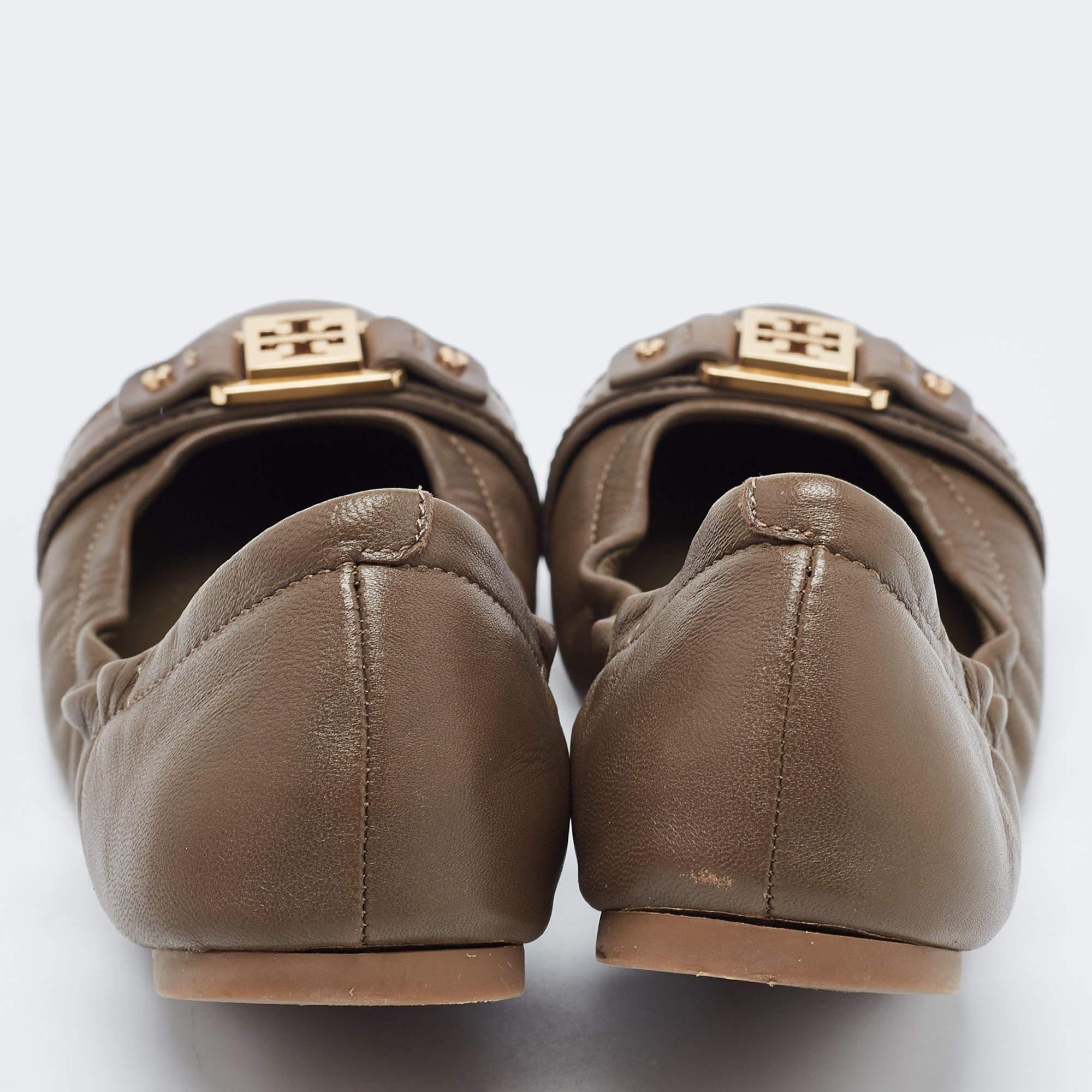 Tory Burch Brown Leather Ambrose Scrunch Ballet Flats Size 40 1