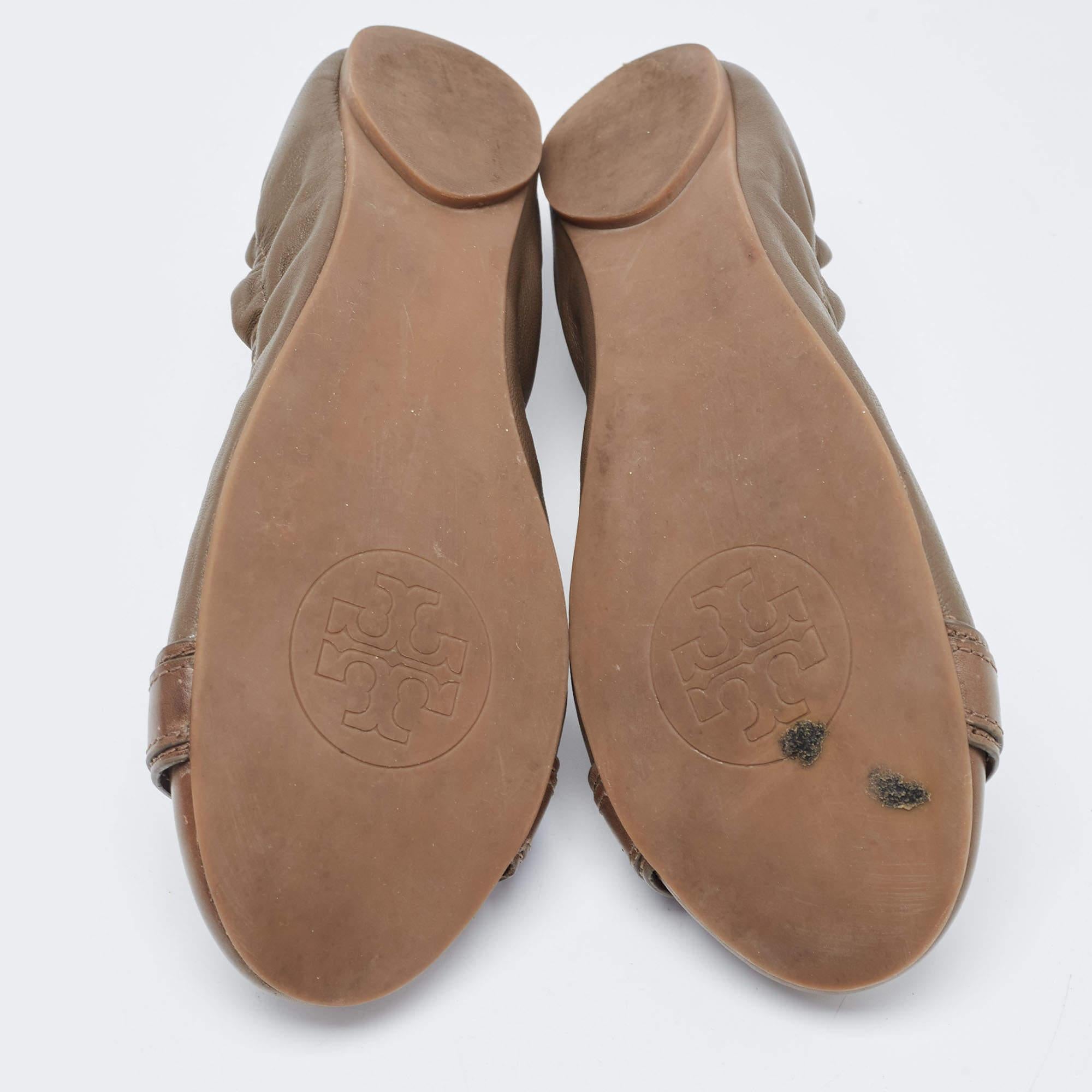 Tory Burch Brown Leather Ambrose Scrunch Ballet Flats Size 40 2