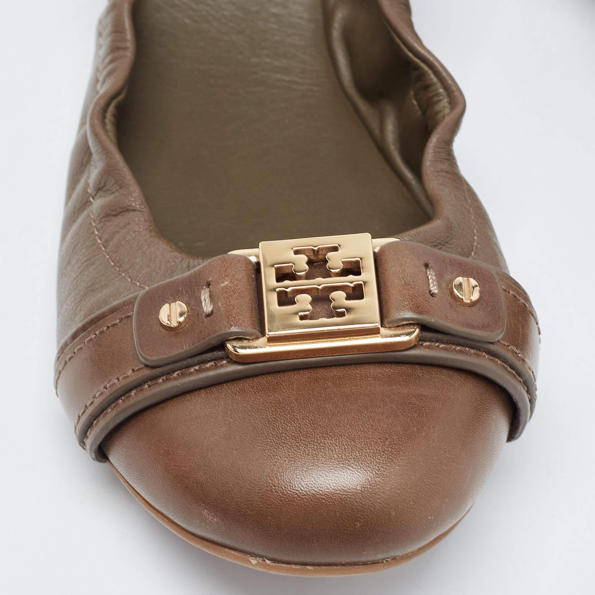Tory Burch Brown Leather Ambrose Scrunch Ballet Flats Size 40 3